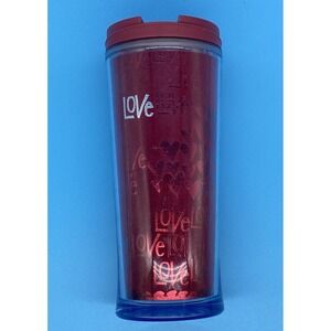 2010 Starbucks Travel Tumbler‎ Metallic LOVE Hearts Red Mug Insulated 8oz - EUC